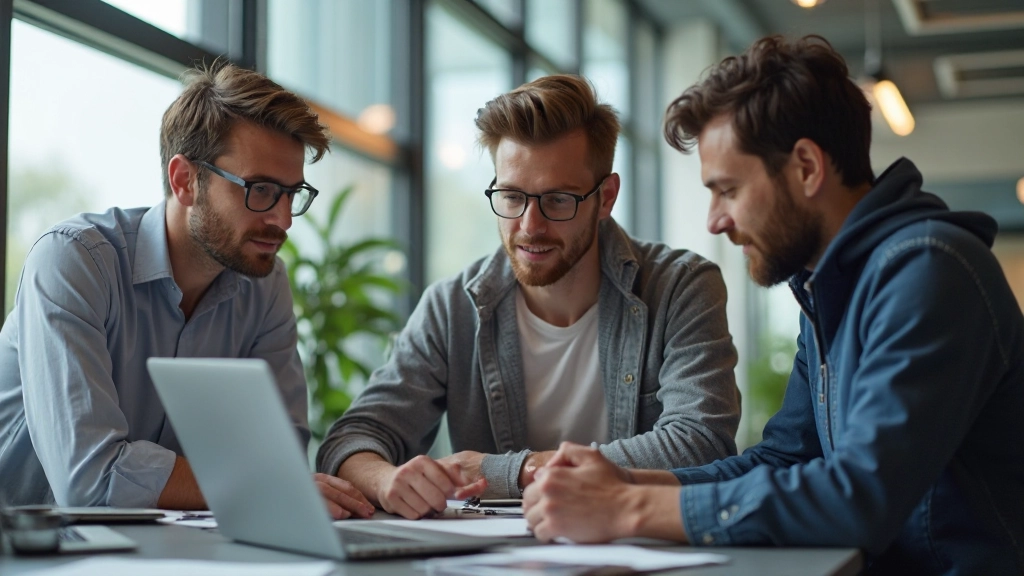 Команда разработчиков совместно работает над проектом в офисе