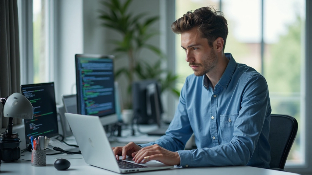 Профессиональная фотография рабочего пространства программиста с ноутбуком и кодом на экране