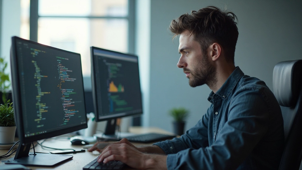 Программист пишет чистый, структурированный код на компьютере с несколькими мониторами
