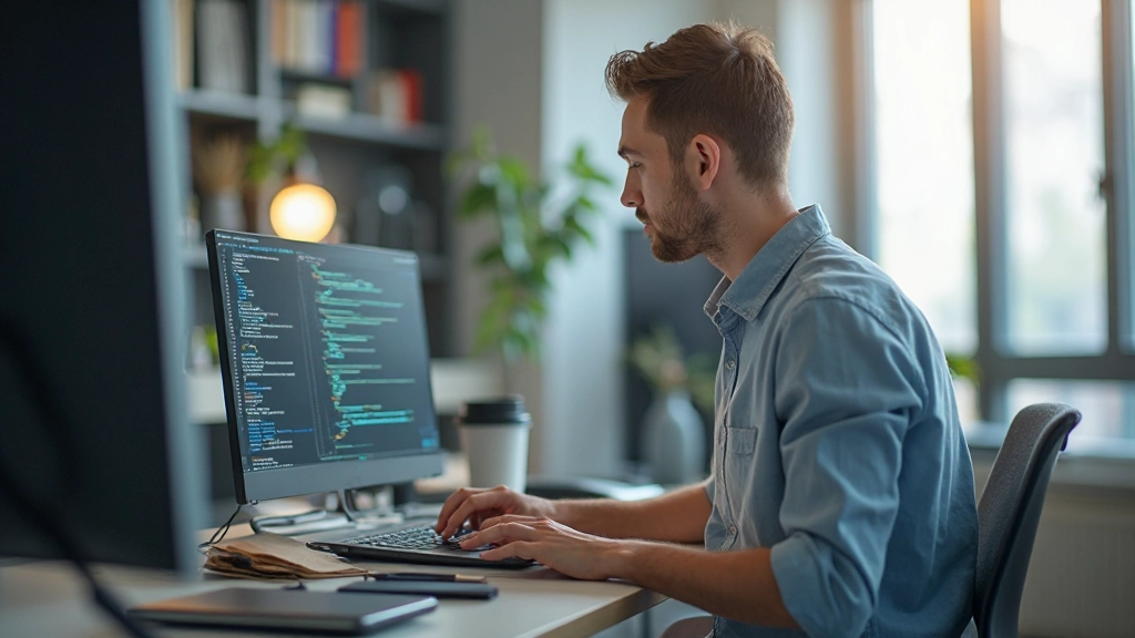 Разработчик программирует код на компьютере в современном офисе