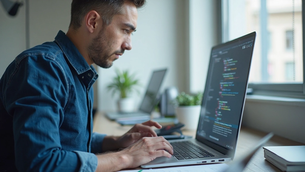 Программист пишет функции в коде на экране компьютера